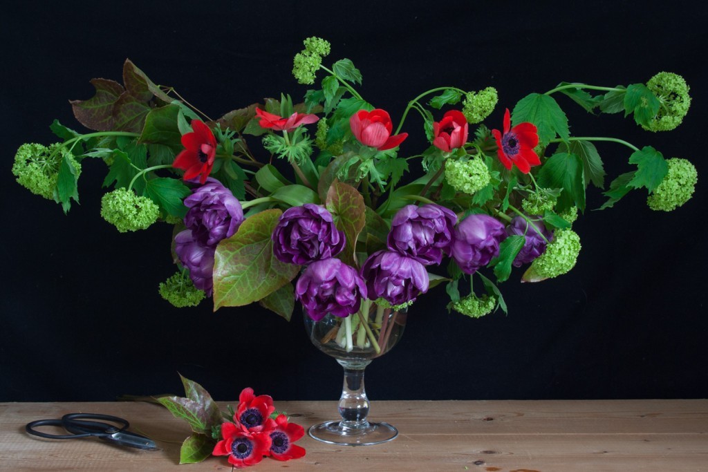 Bring spring into your home by making a spring flower arrangement using tulips, anemones and snowball viburnum. With step-by-step instructions - Cloverhome.nl