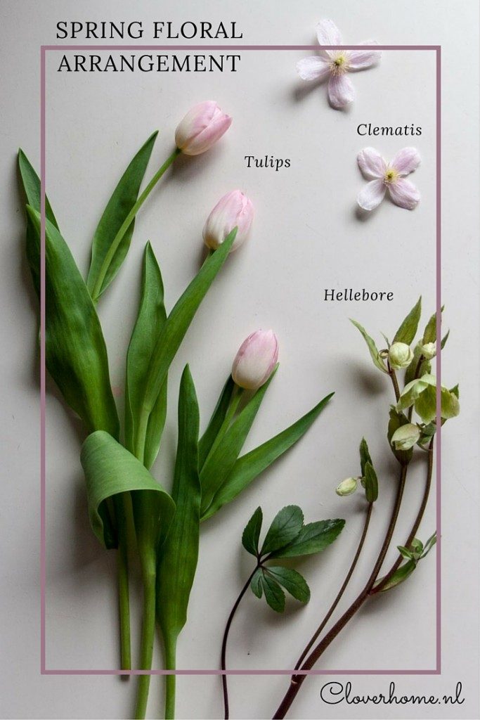 Spring floral arrangement featuring soft pink tulips, hellebores and clematis montana - Cloverhome.nl
